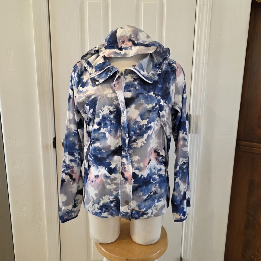Lucy Cloud Watercolor Hooded Full Zip Windbreaker Rain Jacket Vinyl Hoodie